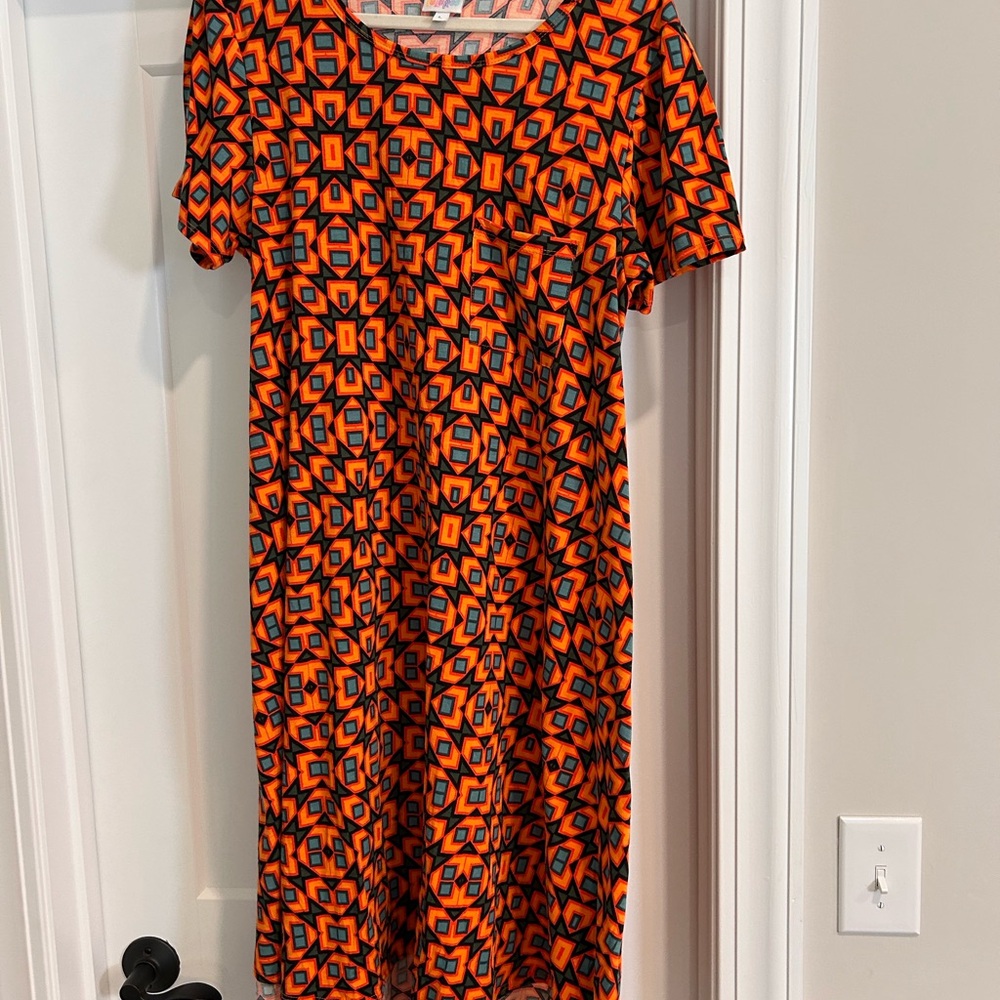 LuLaRoe Orange and Black Midi Sundress Casual Crew Neck